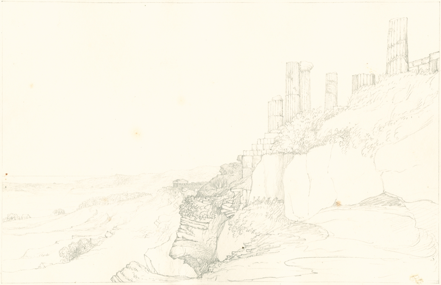 Sir John Frederick William Herschel (English, 1792-1872) "No 391 View from below the Temple of Juno, Girgenti Sicily. Temple of Concord in the distance”, 27 June 1824 Camera lucida drawing, pencil on paper 20.0 x 31.0 cm on 25.1 x 38.4 cm paper