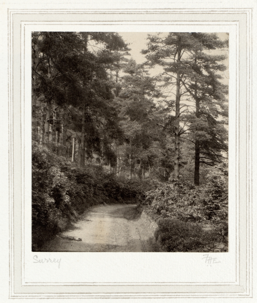 Frederick H. EVANS (English, 1853-1943) "Surrey", circa 1900 Platinum print 11.5 x 10.3 cm mounted on 32.9 x 25.1 cm paper, ruled ink and wash Initialed "F.H.E." and titled in pencil on mount