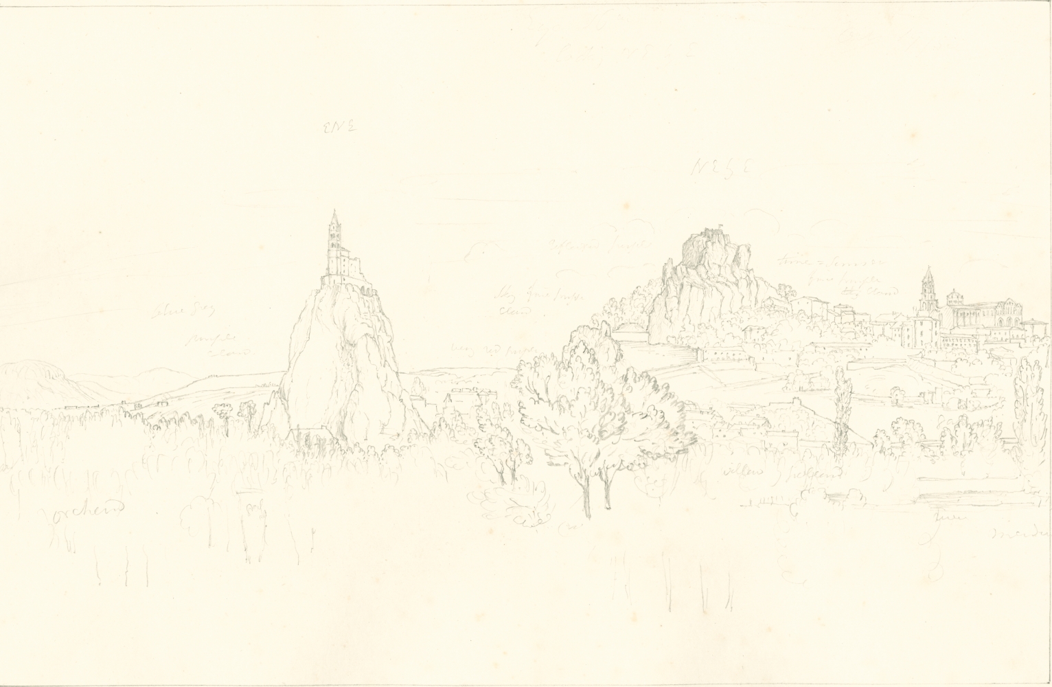 Sir John Frederick William HERSCHEL (English, 1792-1872) "No 495 Le Puy. From across the bridge. The Church of St Michel, The Rocher du Corneille & the Cathedral”, 19 October 1850 Camera lucida drawing, pencil on paper 21.6 x 33.3 cm on 25.2 x 38.5 cm paper Numbered, signed, dated and titled “No 495 / JFW Herschel del. Cam. Luc. Oct. 19, 1850 / Le Puy. From across the bridge. The Church of St Michel bearing ENE, The Rocher du Corneille NE by E. / (by compass) & the Cathedral” in ink in border