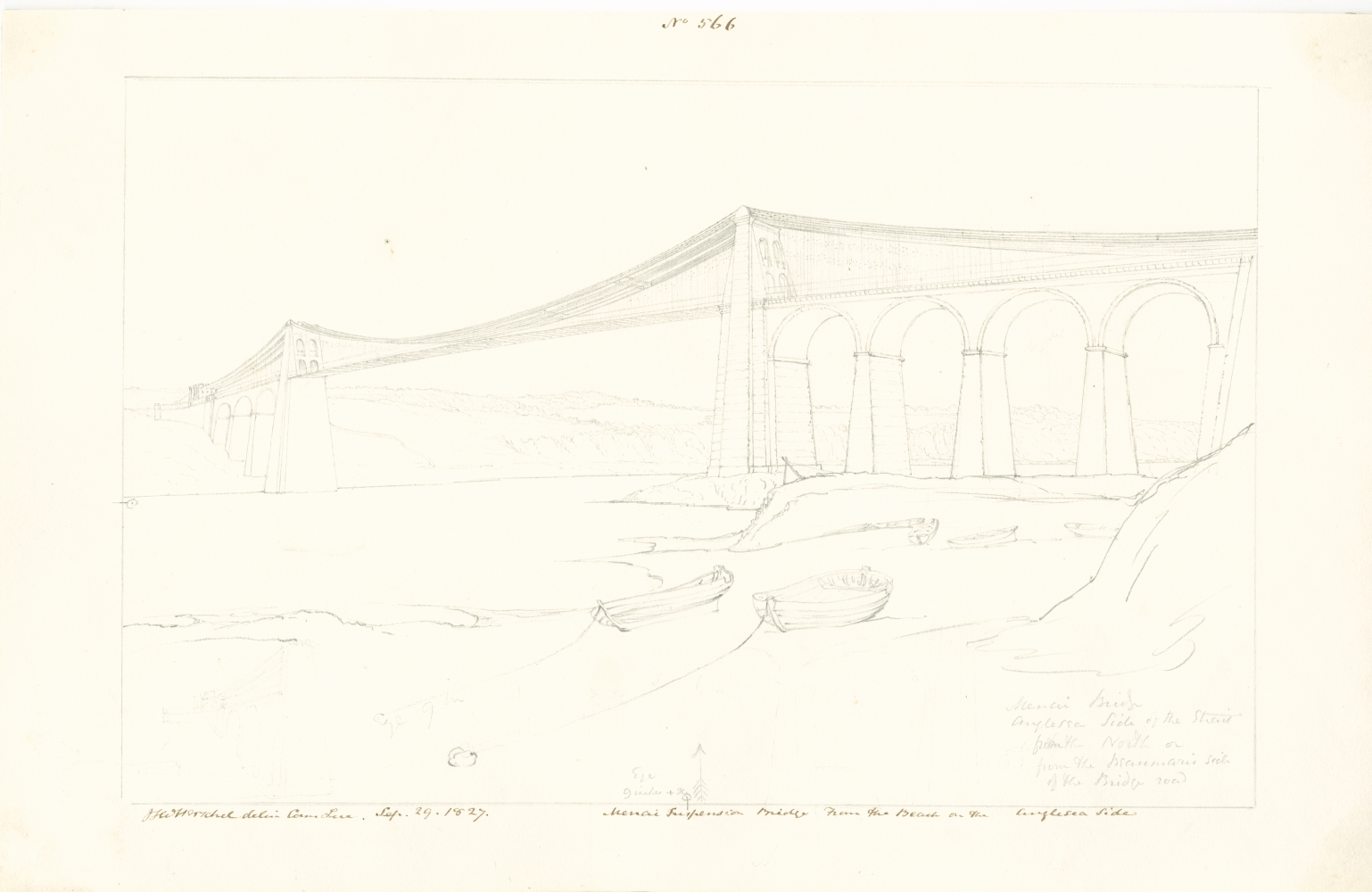 Sir John Frederick William HERSCHEL (English, 1792-1872) "No 566 Menai Suspension Bridge From the Beach on the Anglesea Side”, 29 September 1827 Camera lucida drawing, pencil on paper 19.9 x 30.9 cm on 24.3 x 37.7 cm paper Watermark “J Whatman Turkey Mill”. Numbered, signed, dated and titled “No 566 / JFW Herschel delin Cam. / Luc. Sep 29, 1827. / Menai Suspension Bridge From the Beach on the Anglesea Side” in ink in border, and “Eye 9 inches = x. / Menai Bridge / Anglesea Side of the Strait / from the North or from the Beaumaris side of / the bridge road” in pencil. Inscribed "Menai Bridge / [illegible] from Anglesea side" in pencil on verso.