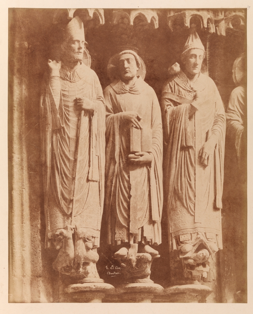 Henri LE SECQ (French, 1818-1882) South porch, right portal, right jamb with Saint Martin of Tours, Saint Jerome, and Saint Gregory the Great, Chartres Cathedral, 1852 Coated salt print from a paper negative 46.4 x 37.3 cm mounted on 59.3 x 46.1 cm card Signed and titled "h. Le Secq. / Chartres." in the negative