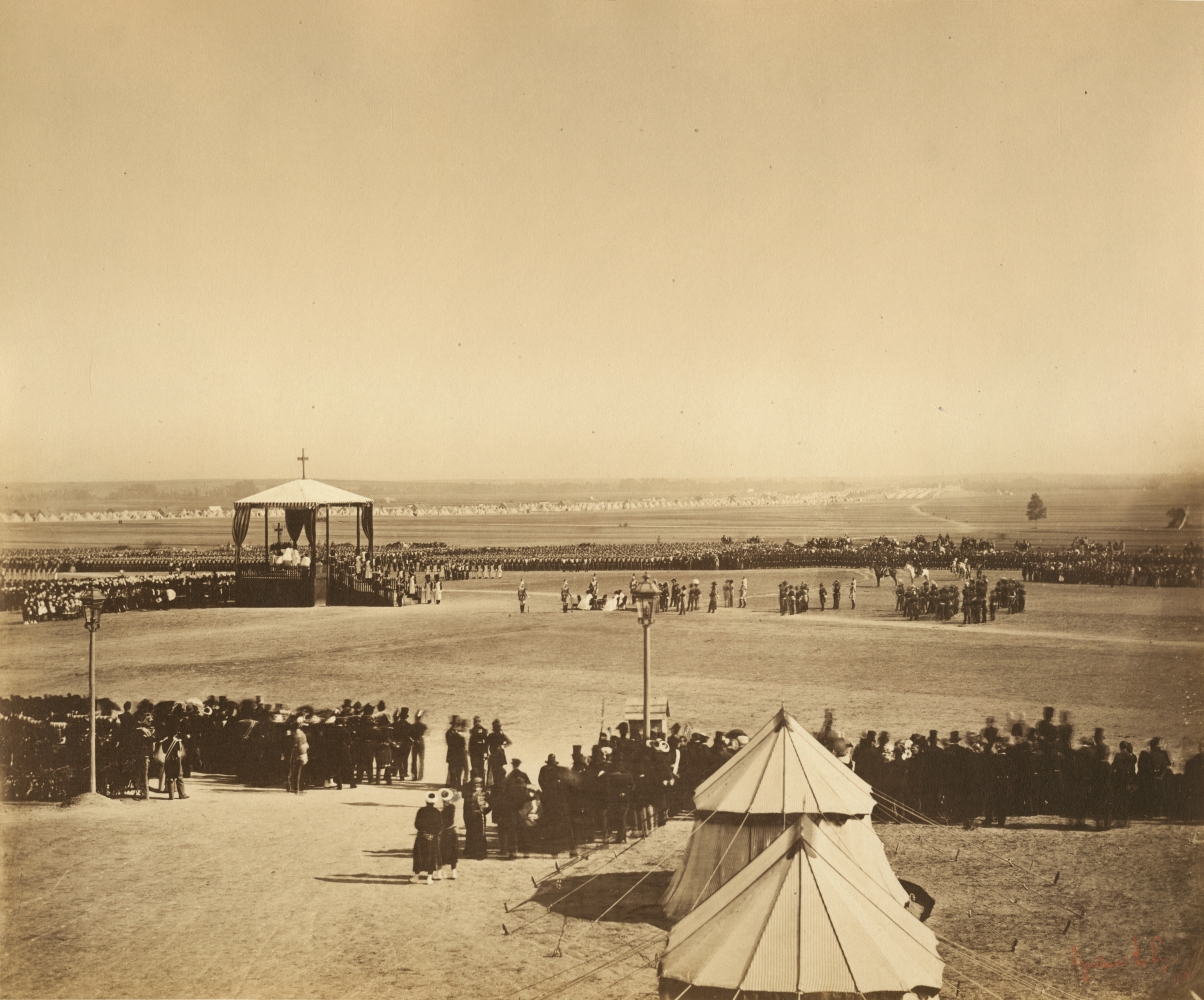 Gustave LE GRAY (French, 1820-1884) La messe du 4 octobre, Camp de Chalons, 1857 Albumen print from a collodion on glass negative 31.7 x 38.3 cm mounted on 49.6 x 64.8 cm album sheet Photographer's red signature stamp. Inscribed "5" in pencil on mount and on mount verso.