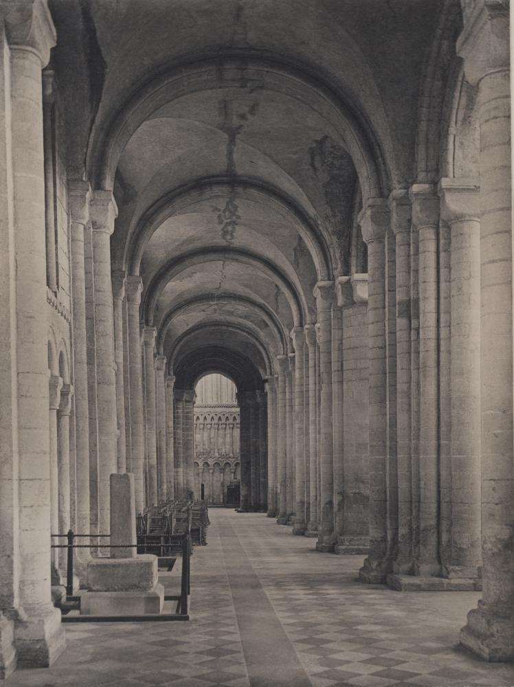 Frederick H. EVANS (English, 1853-1943) "Ely Cathedral: Sth Nave Aisle to West", probably 1891 Platinum print 23.9 x 17.8 cm mounted on paper two times. First mount 30.3 x 22.9 cm, ruled in ink and wash. Second mount 55.6 x 37.4 cm. Signed "Frederick H. Evans" and titled in pencil with the photographer's blindstamp on first mount