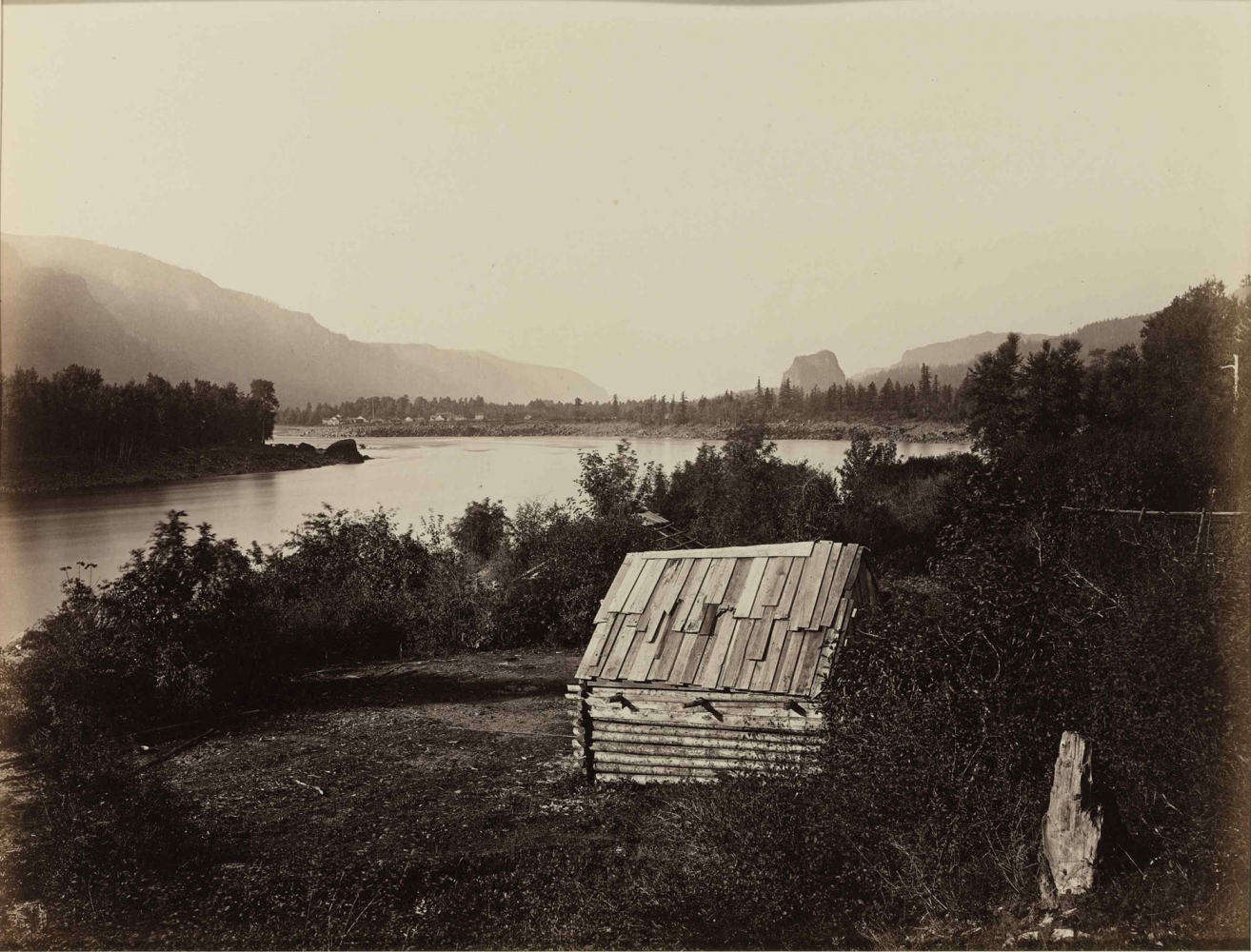 Carleton E. WATKINS (American, 1829-1916) The Garrison, Columbia River, Oregon, circa 1867 Mammoth plate albumen print 40.3 x 52.7 cm mounted on 53.0 x 67.0 cm board Titled in an unidentified contemporary calligraphic hand in ink and numbered "23" in an unidentified modern hand in pencil on mount. Two San Francisco Museum of Modern Art exhibition labels on verso.