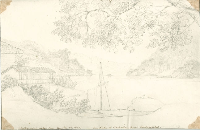 Sir John Frederick William HERSCHEL (English, 1792-1872) "No 507 The Lake of Brienz from Iseltwald”, 23 September 1821 Camera lucida drawing, pencil on paper 20.3 x 30.6 cm Numbered, signed, dated and titled “No 507 / JFW Herschel delin. Cam. Luc. / Sep. 23, 1821. / The Lake of Brienz from Iseltwald.” in ink. Inscribed “Iseltwald” two times in pencil on verso