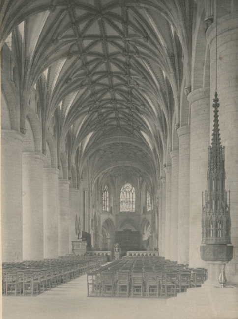Frederick H. EVANS (English, 1853-1943) Tewkesbury Abbey: Nave to East, 1890 Platinum print 14.9 x 11.2 cm Signed, titled and dated in pencil on mount