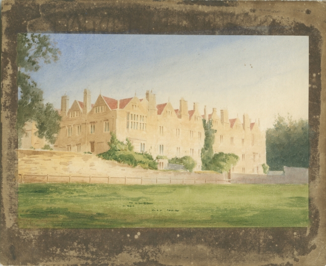 William Henry Fox TALBOT (English, 1800-1877) Merton College from the fields, Oxford, circa 1843 Hand colored (possibly by André Mansion) salt print, from a calotype negative 13.6 x 20.2 cm on 18.7 x 22.7 cm paper Inscribed "M' and "X" and [illegible] in pencil on verso