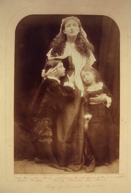 Julia Margaret CAMERON (English, born in India, 1815-1879) "Queen Henrietta informing her children of the coming fate of their Father King Charles the First. Study of Isabel Bateman", May 1874 Albumen print from wet collodion negative 35.3 x 22.7 cm, top corners rounded, mounted on 58.5 x 46.5 cm card, ruled in gilt Signed, titled, dated and inscribed "From life, Registered Photograph Copyright, Freshwater" in ink with "Colnaghi" blindstamp on mount