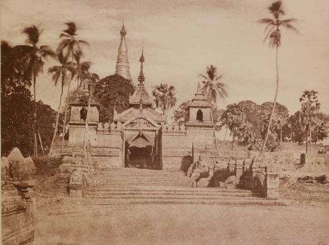 Captain Linnaeus TRIPE (English, 1822-1902) "No. 108. Rangoon. South Entrance of Shwe Dagon Pagoda." Burma, 1855 Albumenized salt print from a waxed paper negative 25.9 x 34.3 cm mounted on 45.6 x 58.4 cm paper Signed "L. Tripe" in ink. Photographer's blindstamp and printed label with plate number, title and "The road which leads to this, is, on festival days, crowded with Burmese men, women, and children, in gay silks and muslins carrying offerings to the Pagoda." on mount.