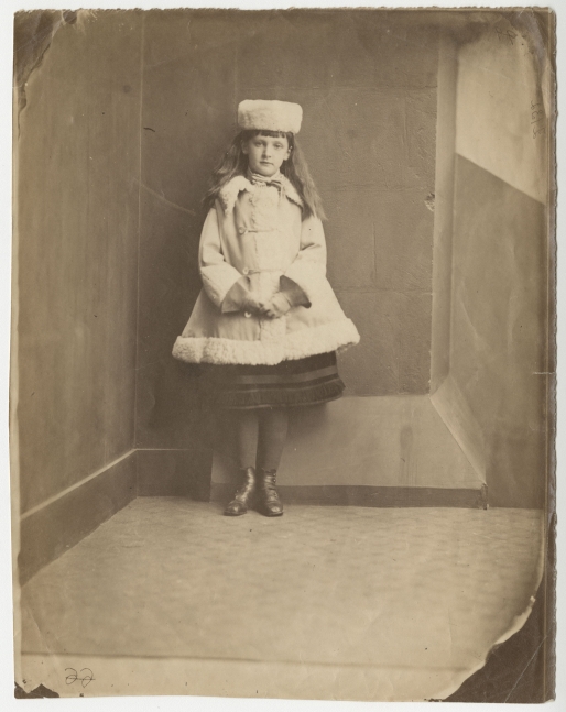 Lewis CARROLL (Charles Lutwidge Dodgson) (English, 1832-1898) Xie (Alexandra) Kitchin as a "Dane", 1873 Albumen print from a collodion negative 21.0 x 16.5 cm on 21.0 x 16.7 cm paper, untrimmed and unmounted "2132" inscribed in violet ink by Carroll. "Xie Kitchin" inscribed in ink and various numeric notations inscribed in pencil, likely not in Carroll's hand, on verso.