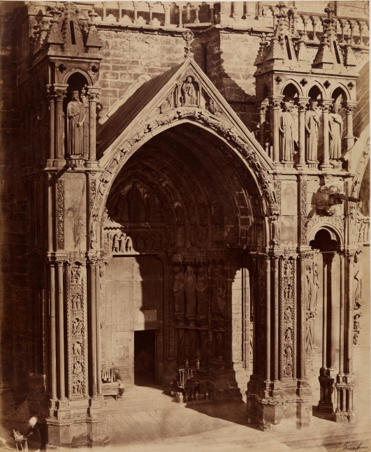 Louis-Auguste & Auguste-Rosalie BISSON (BISSON FRÈRES) (French, 1814-1876 & 1826-1900) South porch, left portal, Chartres Cathedral, late 1850s Coated salt print from a glass negative 45.5 x 37.1 cm mounted on 59.7 x 46.1 cm paper Black "Bisson frères" signature stamp