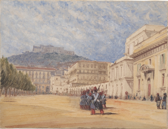 Rev. Calvert Richard JONES (Welsh, 1802-1877) Soldiers in formation, Naples, 1847 Hand-colored salt print from a calotype negative, spring 1846 15.3 x 19.9 cm, mounted flush on card