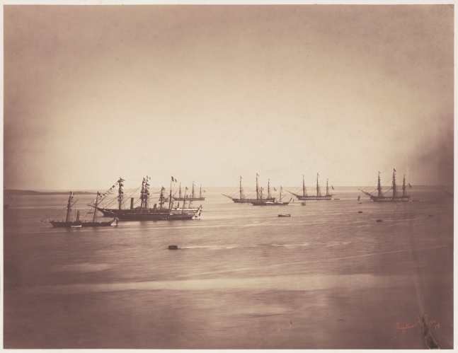 Gustave LE GRAY (French, 1820-1884) The French and English fleets, Cherbourg, 4-8 August 1858 Albumen print from a collodion negative 30.9 x 40.4 cm mounted on 52.5 x 70.7 cm paper Photographer's red signature stamp. "21,721" and "Nº 38." in ink with photographer's oval blindstamp "PHOTOGRAPHIE / GUSTAVE LE GRAY & Cº / PARIS" on mount.