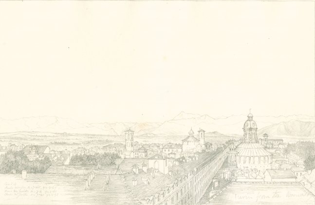 Sir John Frederick William HERSCHEL (English, 1792-1872) "No 351 Turin with the chain of the Alps. From the roof of the Observatory”, 1824 Camera lucida drawing, pencil on paper 20.2 x 31.0 cm on 25.2 x 38.6 cm paper Numbered, signed, dated and titled “No 351 / JFW Herchel del. Cam. Luc. / 1824 / Turin with the chain of the Alps. From the roof of the Observatory.” in ink in border, and “Coord of / Roche Moulon x = 7.065, y = 3.65 / Dome des Jesuites x = 7.4, y = 2.65 / Clocher des Jesuites x = 7.81, y = 2.95 / Turin from the Observatory” in pencil. Inscribed “Turin from Observatory” in pencil on verso