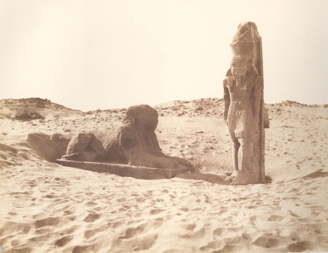 Félix TEYNARD (French, 1817-1892) "Sebouah. Temple - Colosse et Sphinx de la Partie Gauche de l'Avenue. Pl. 131", 1851-1852 Salt print, 1853-1854, from a waxed paper negative 23.8 x 30.7 cm, mounted Photographer's monogram stamp in green ink. Oval blindstamp, printed title and credits on mount.