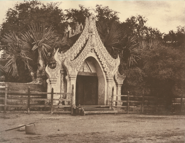 Captain Linnaeus TRIPE (English, 1822-1902) "No. 60. Amerapoora. Gateway of Maja Bounghian Kyoung.", 1855 Albumenized salt print from a waxed paper negative 28.6 x 34.8 cm mounted on 45.6 x 58.3 cm paper Printed label with plate number, title and "A solidly built wall usually surrounds Kyoungs; in the centre of each side of which is a gateway similar to the above." on mount