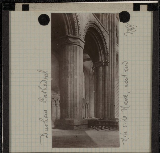 Frederick H. EVANS (English, 1853-1943) "Durham Cathedral, Nth side Nave, west end", 1890s Lantern slide 7.0 x 3.6 cm on 8.2 x 8.2 cm glass slide Initialed "F. H. E" and titled in ink on the paper mask