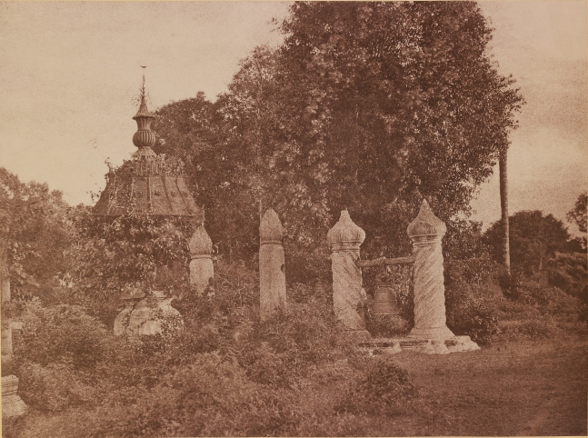 Captain Linnaeus TRIPE (English, 1822-1902) "No. 99. Mengoon. Small bell in front of Pagoda.", 1855 Albumenized salt print from a waxed paper negative 25.9 x 34.7 cm mounted on 45.6 x 58.3 cm paper Signed "L. Tripe" in ink. Photographer's blindstamp and printed label with plate number and title on mount.